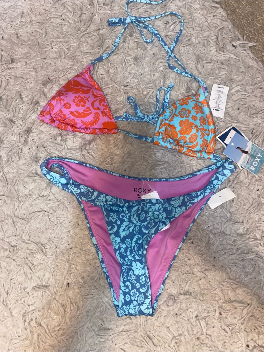 Roxy Multicolor Floral Triangle Bikini — Blue, Pink & Orange